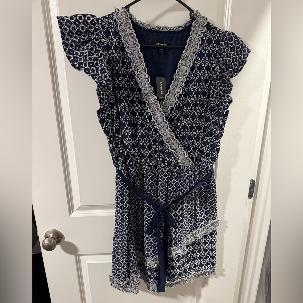 Express Navy and White Geometric Midi Dress